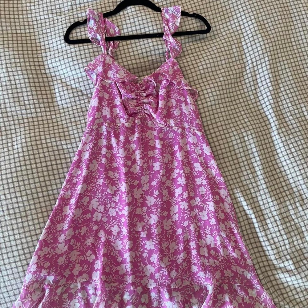 Lulus Pink Floral Babydoll Mini Dress Ruffle Bow Size Large
